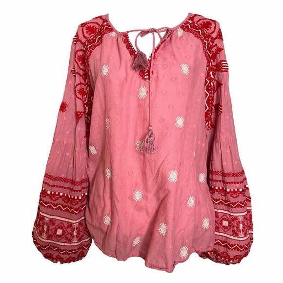 Anthropologie Seen Worn Kept Layla Peasant Top  Pink Red Embroidered Boho 12 - Picture 3 of 12